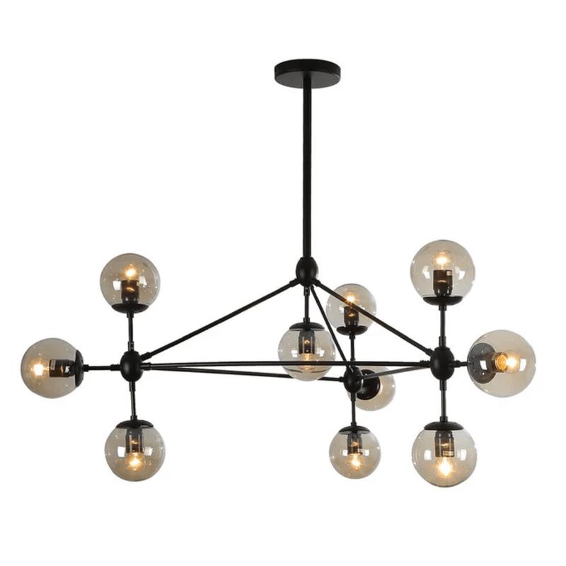 Molecule Shape Black Rod Metal Amber Glass Globe Chandelier Ceiling Light – 10 Globes