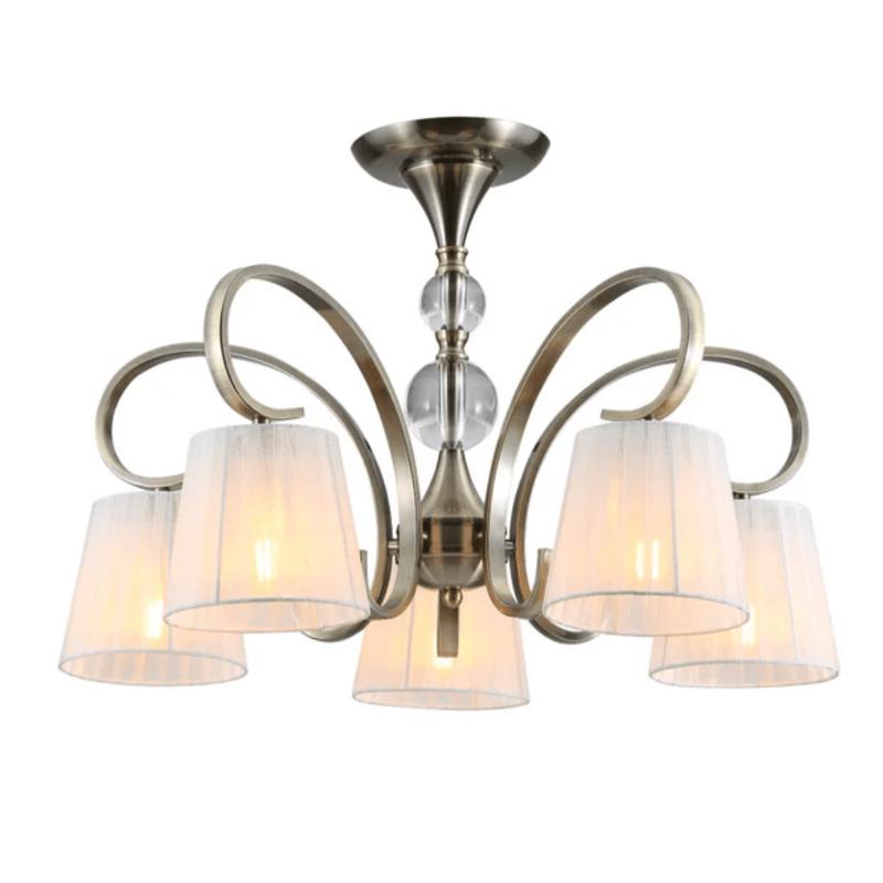 Antique Brass Metal Body Rice White Fabric Shaded Ceiling Chandelier Light E27 – 5 Lamps