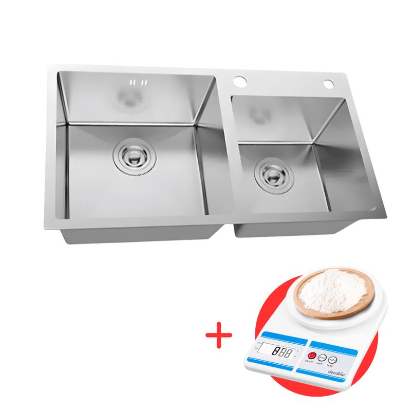 Double Bowl Kitchen Bar Sink 78x46cm with Waste & Basket – Chrome | DZ